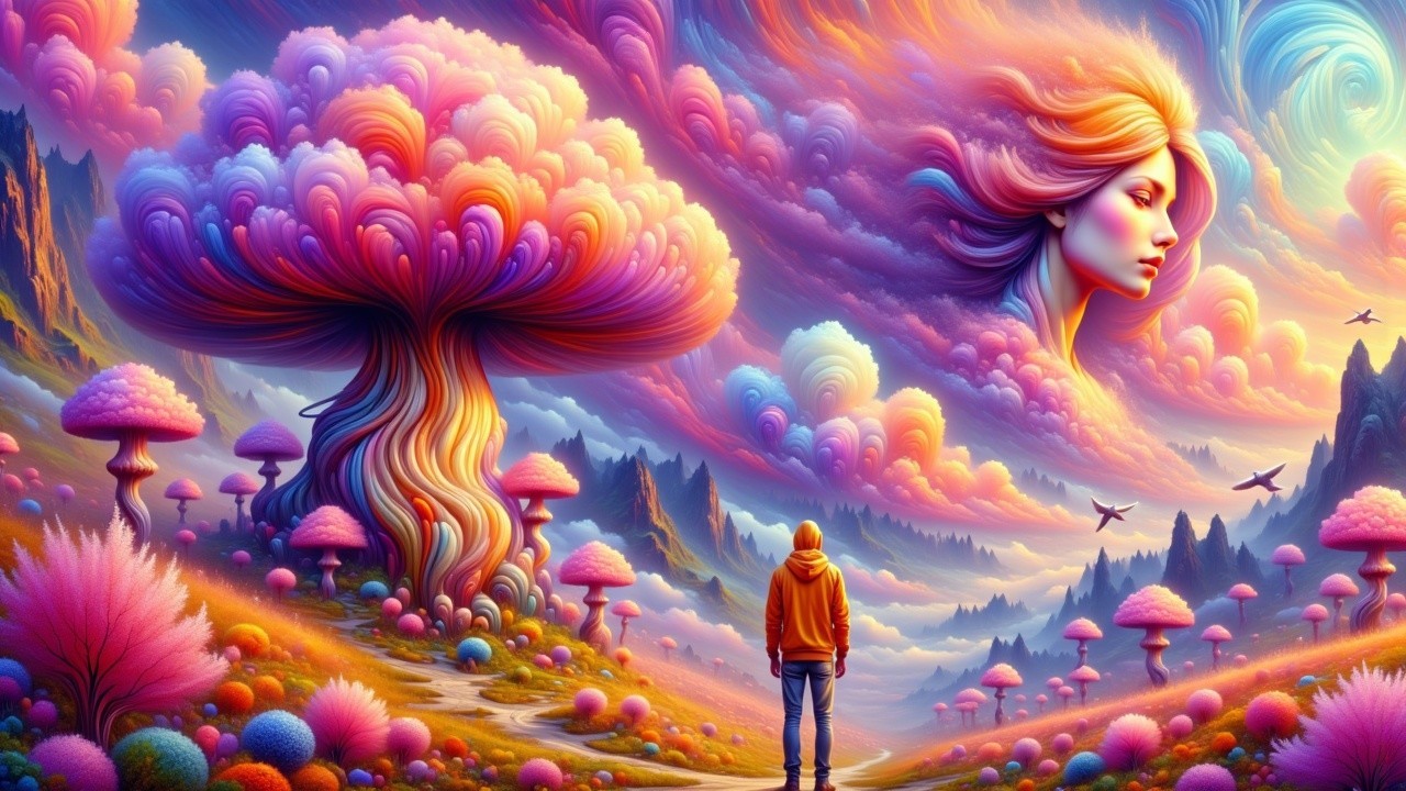 Surreal Landscape with Oversized Mushroom and Ethereal Face
