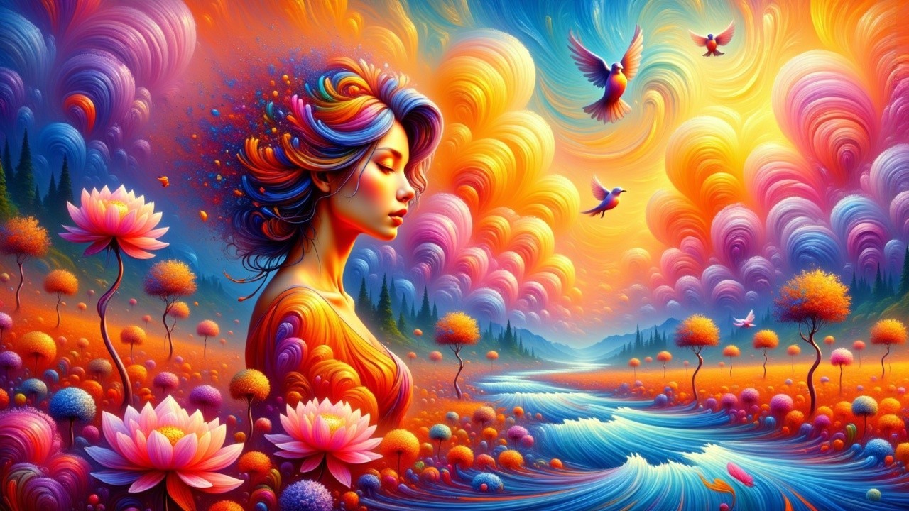 Vibrant Artwork of Serene Female Figure in Landscape