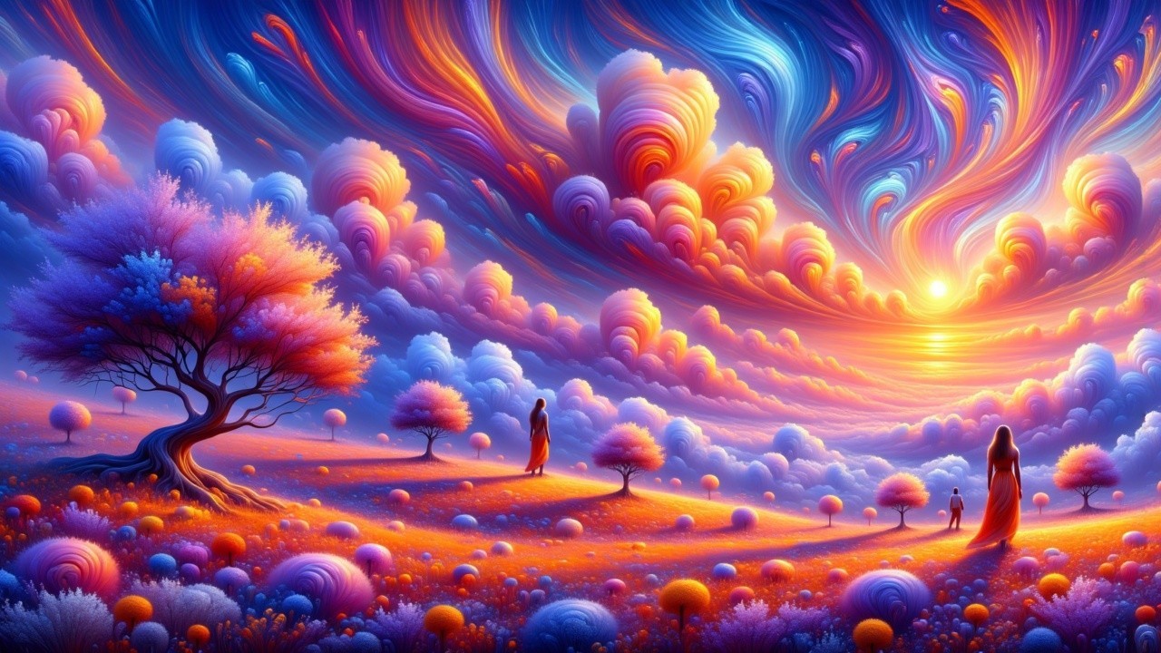 Surreal Landscape with Colorful Clouds and Figures