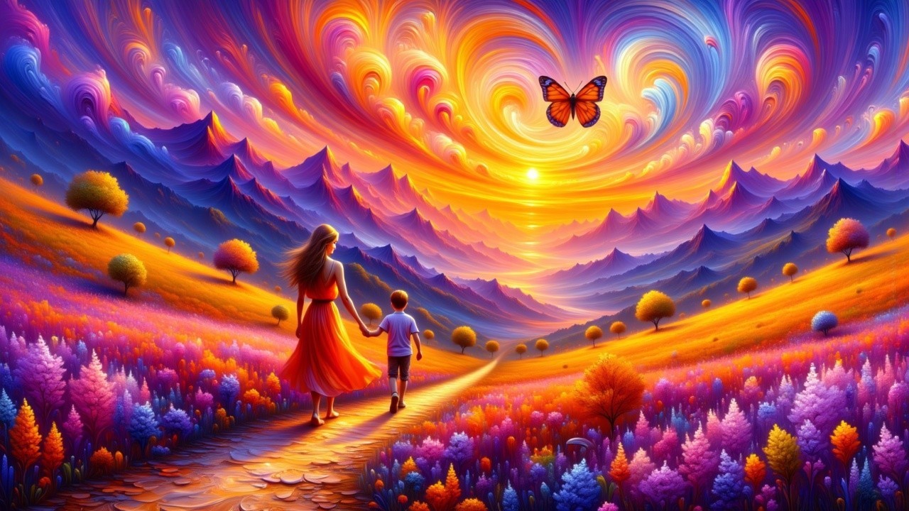 Vibrant Sunset Landscape with Woman and Child