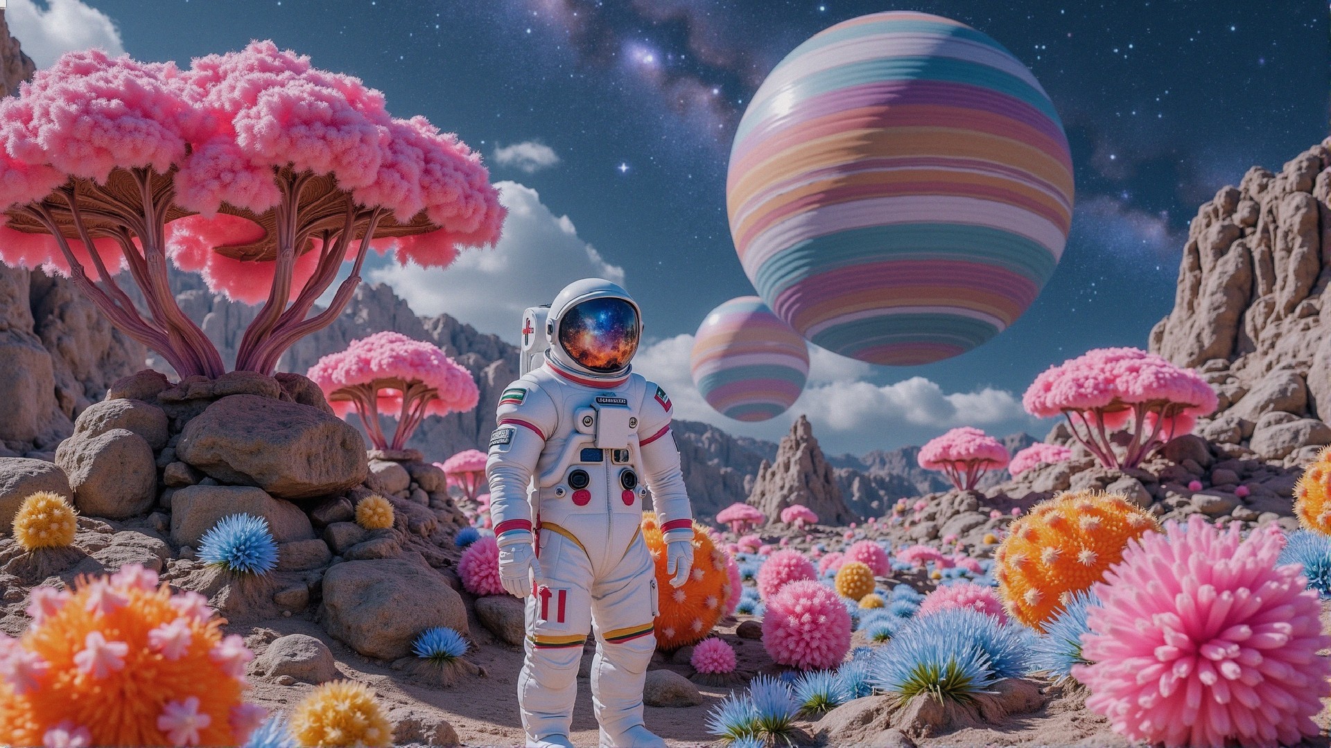 Vibrant Alien Landscape with Surreal Flora and Celestial Bodies