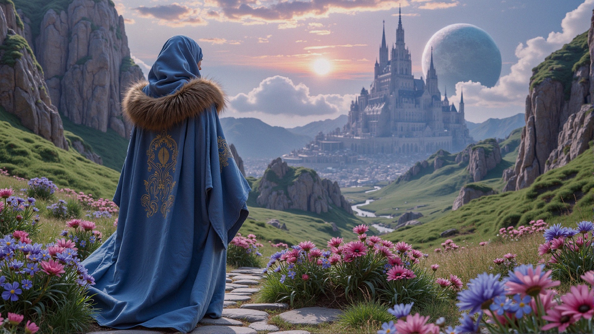 Figure in Blue Robe by Castle at Sunset with Moon