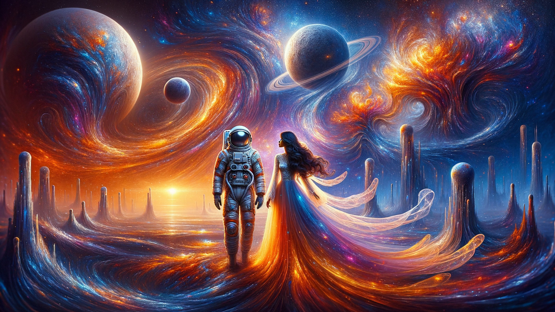 Astronaut and Ethereal Figure in Cosmic Landscape