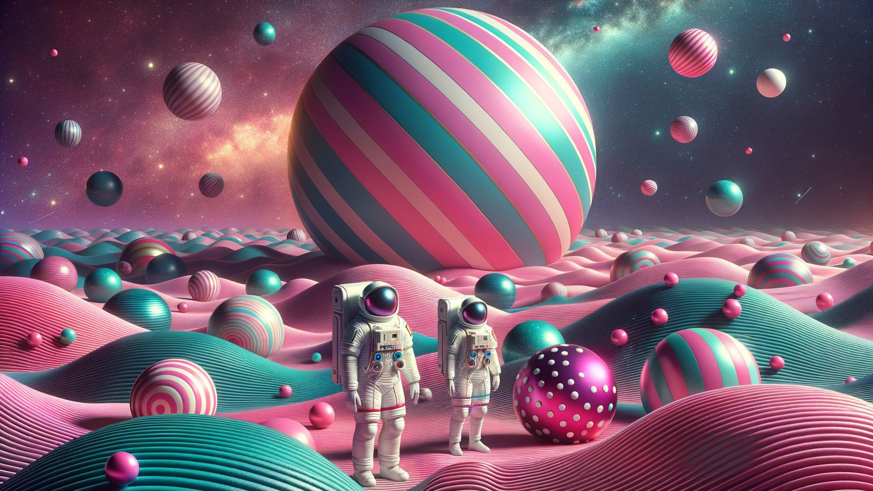 Astronauts on Colorful Alien Landscape Under Starry Sky