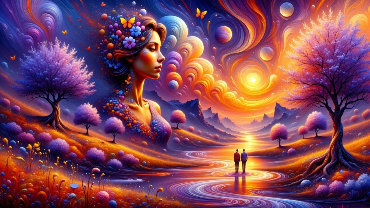 Surreal Landscape with Woman, River, and Cosmic Sky