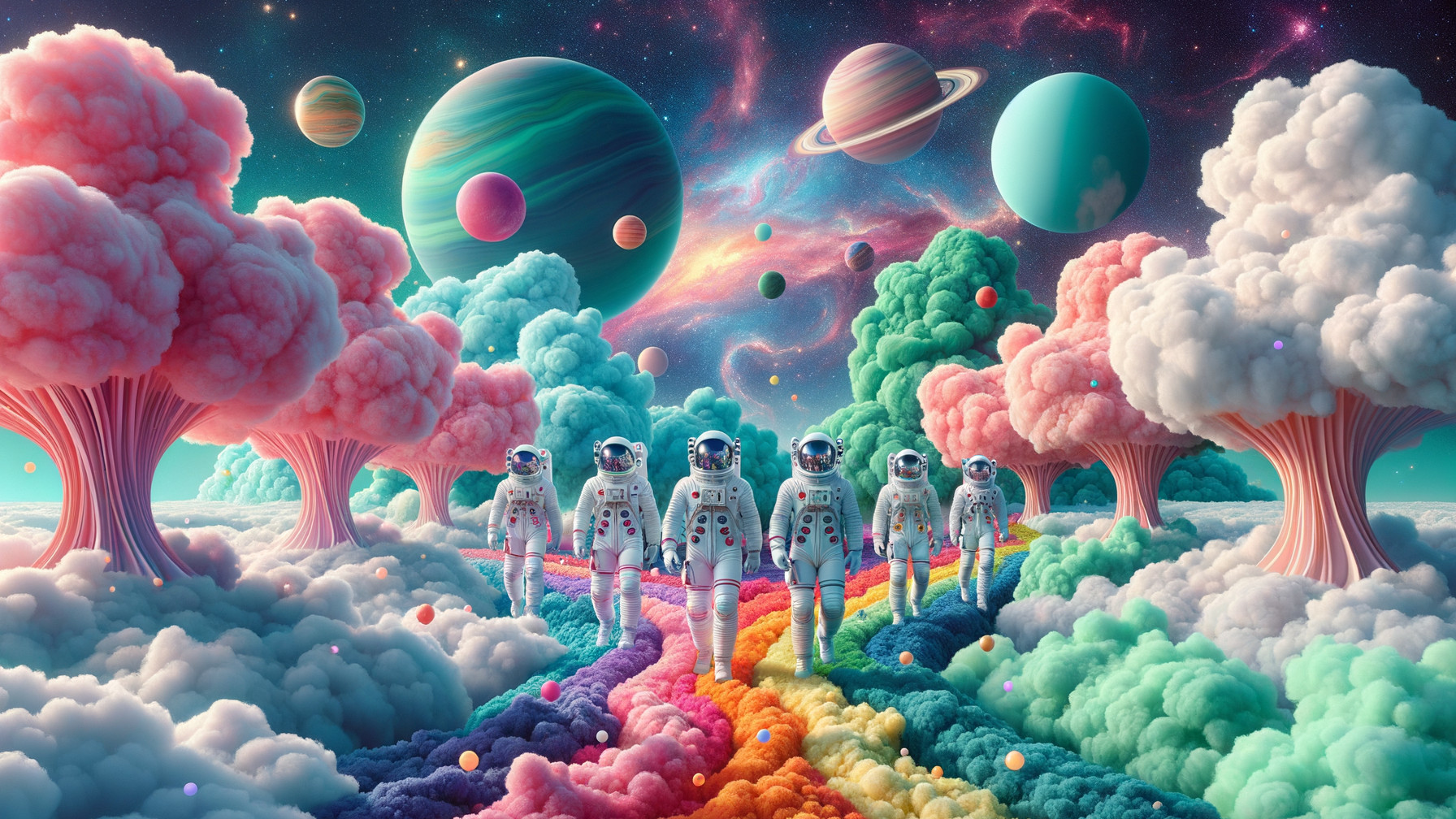 Surreal Landscape with Astronauts on Rainbow Path