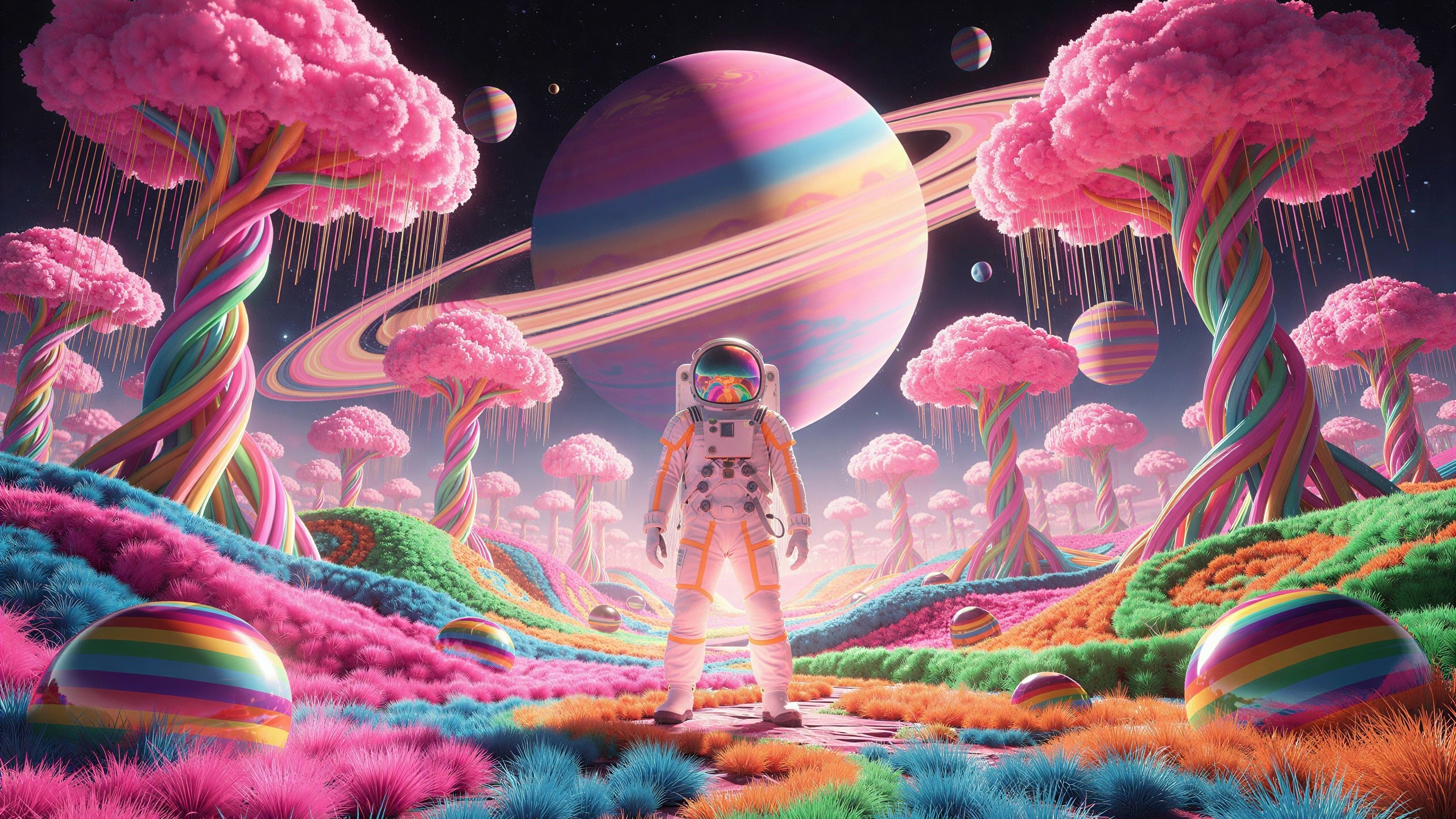 Astronaut in Vibrant Alien Landscape with Colorful Elements
