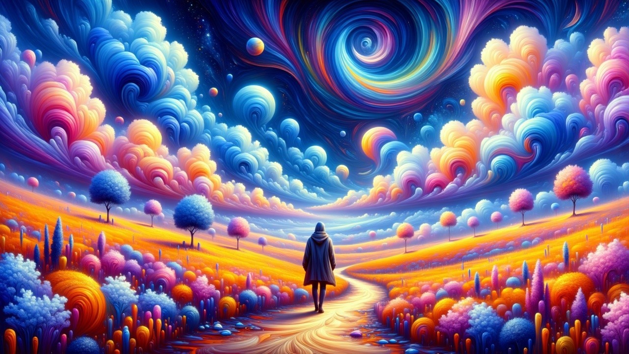 Vibrant Surreal Landscape with Cosmic Vortex and Colors