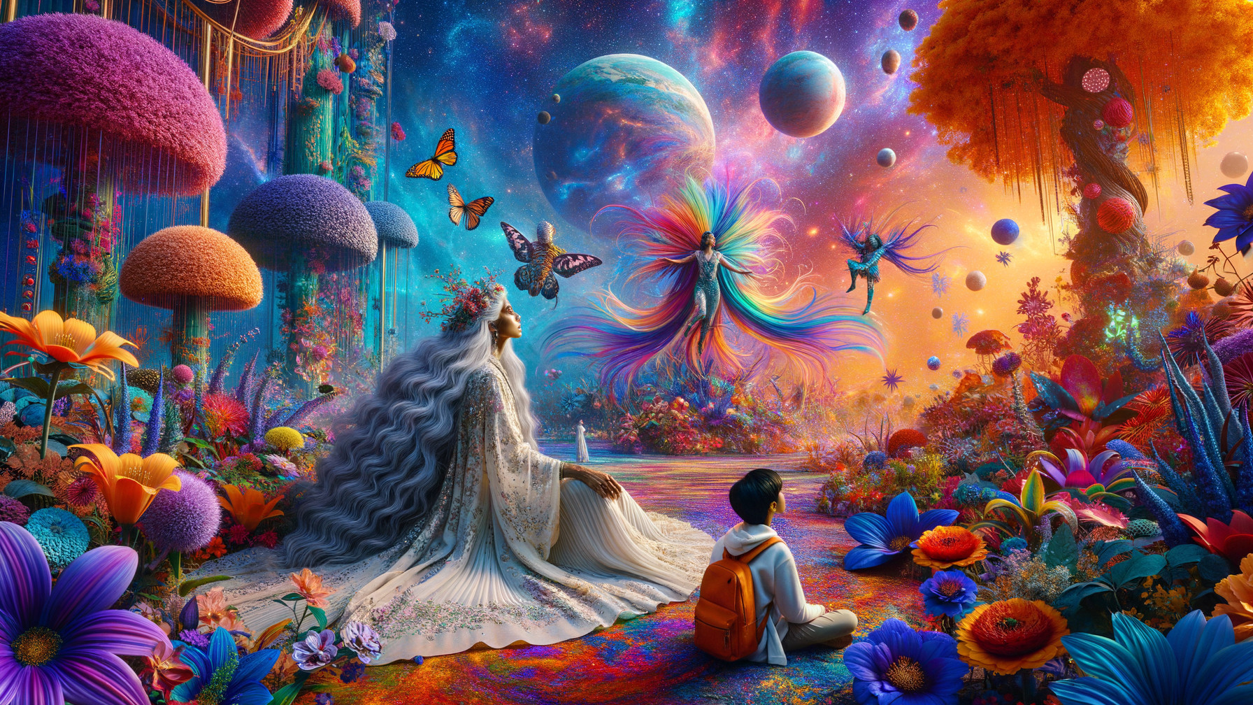 Surreal Landscape with Woman, Boy, and Ethereal Butterflies