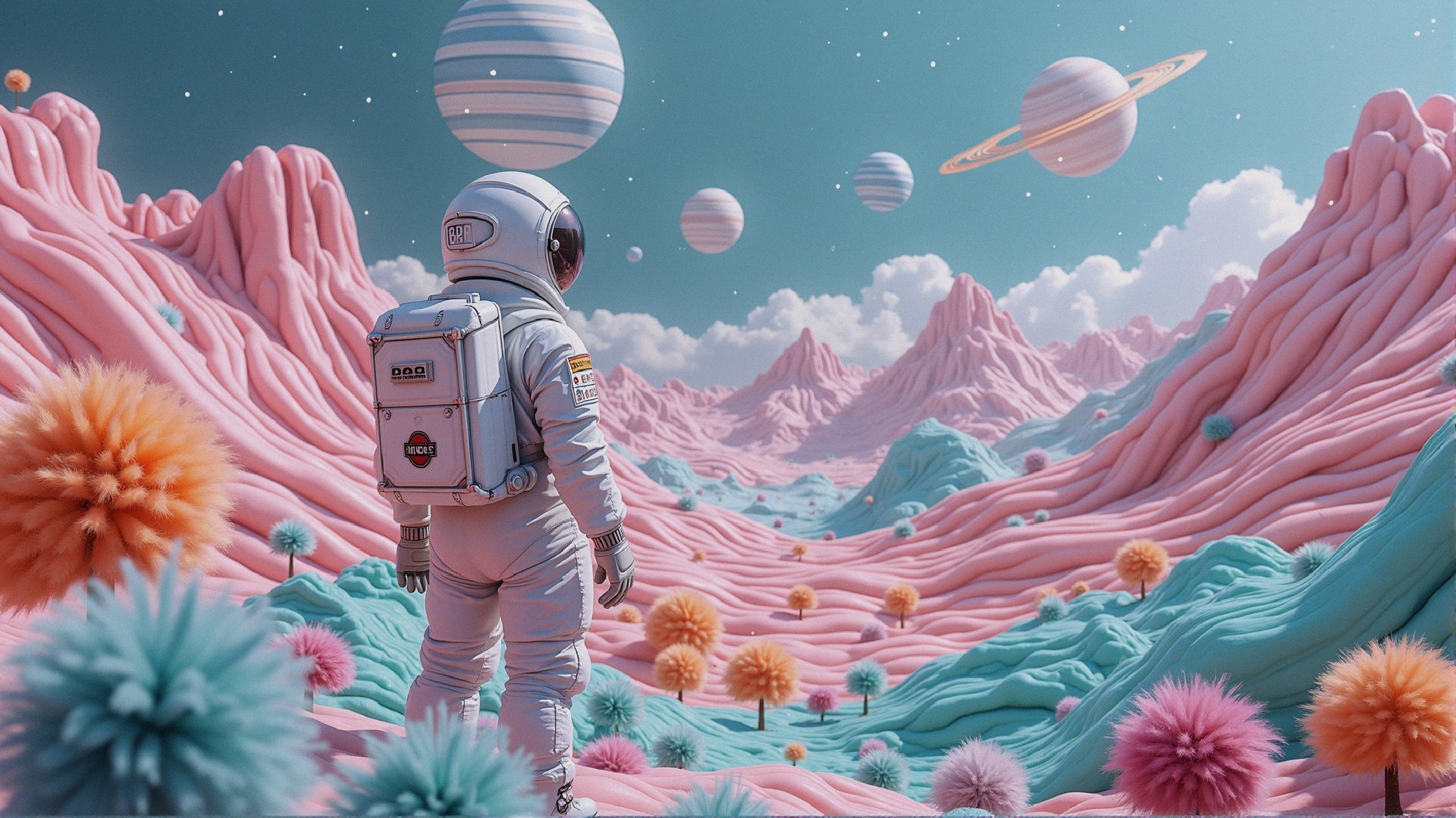 Astronaut Observes Surreal Alien Landscape with Planets