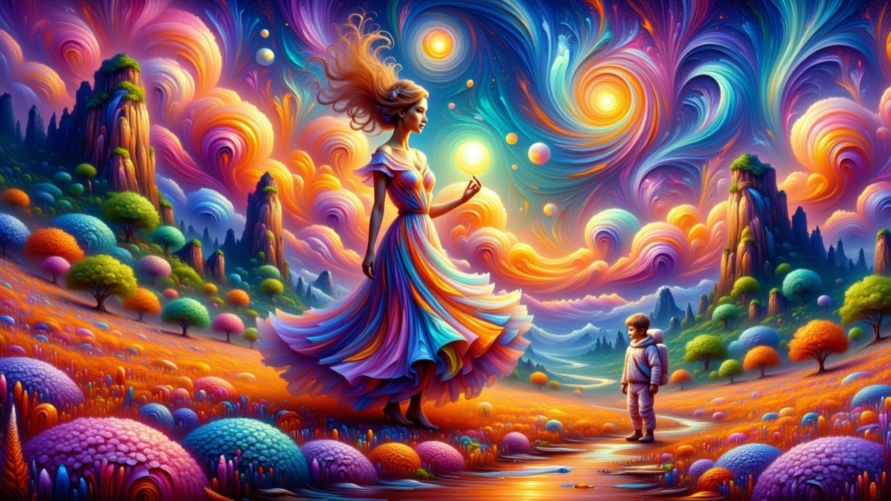 Vibrant Dreamscape with Colorful Dress and Child