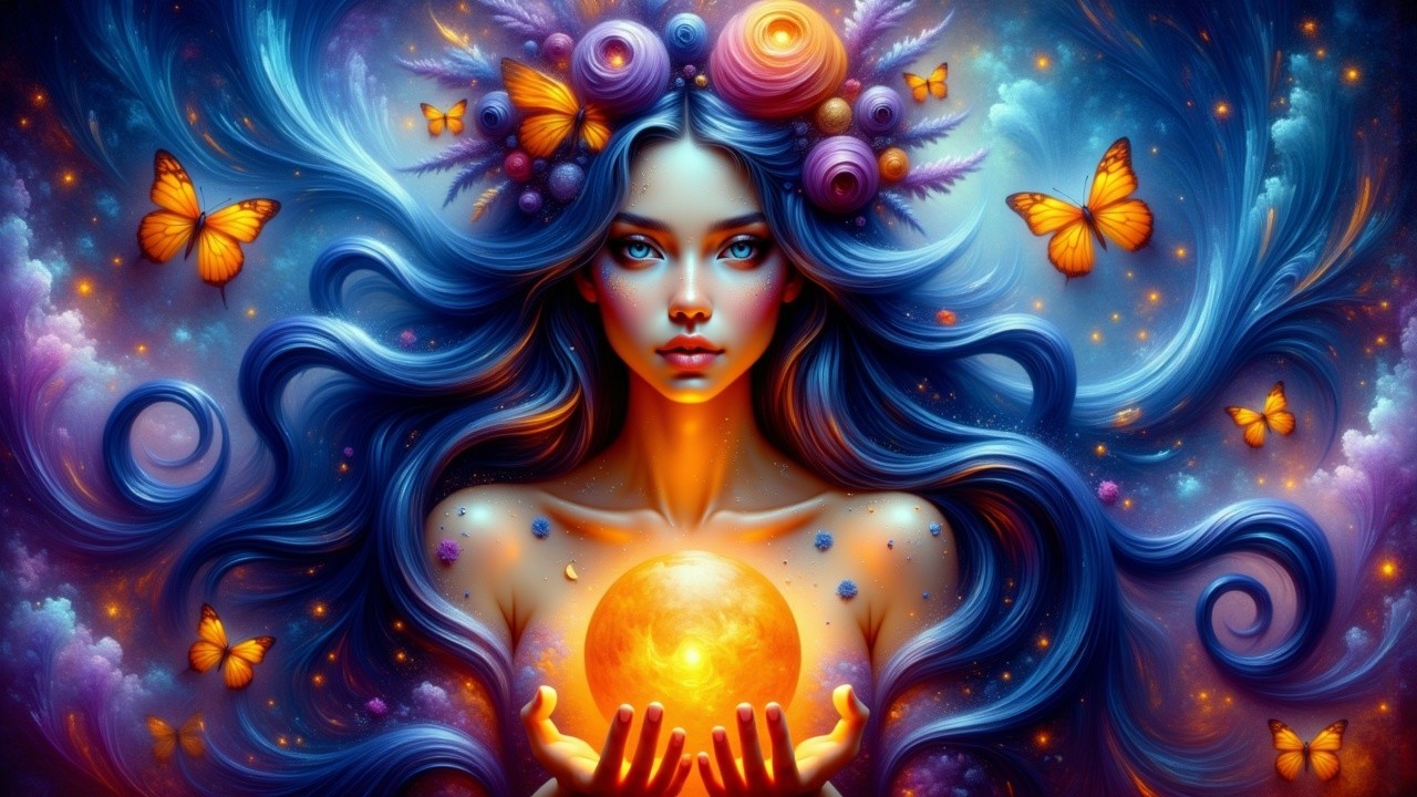 Fantasy Scene with Young Woman and Glowing Orb