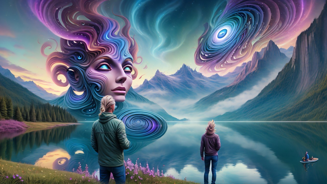 Surreal Landscape with Figures by a Tranquil Lake