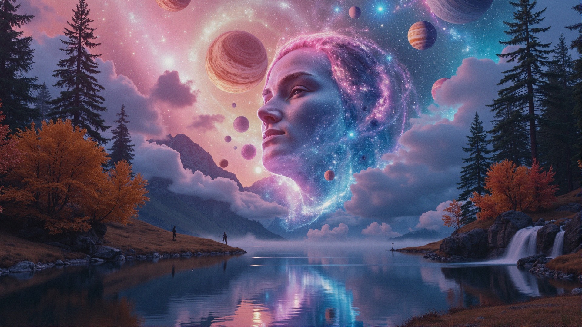 Surreal Landscape with Cosmic Elements and Reflection