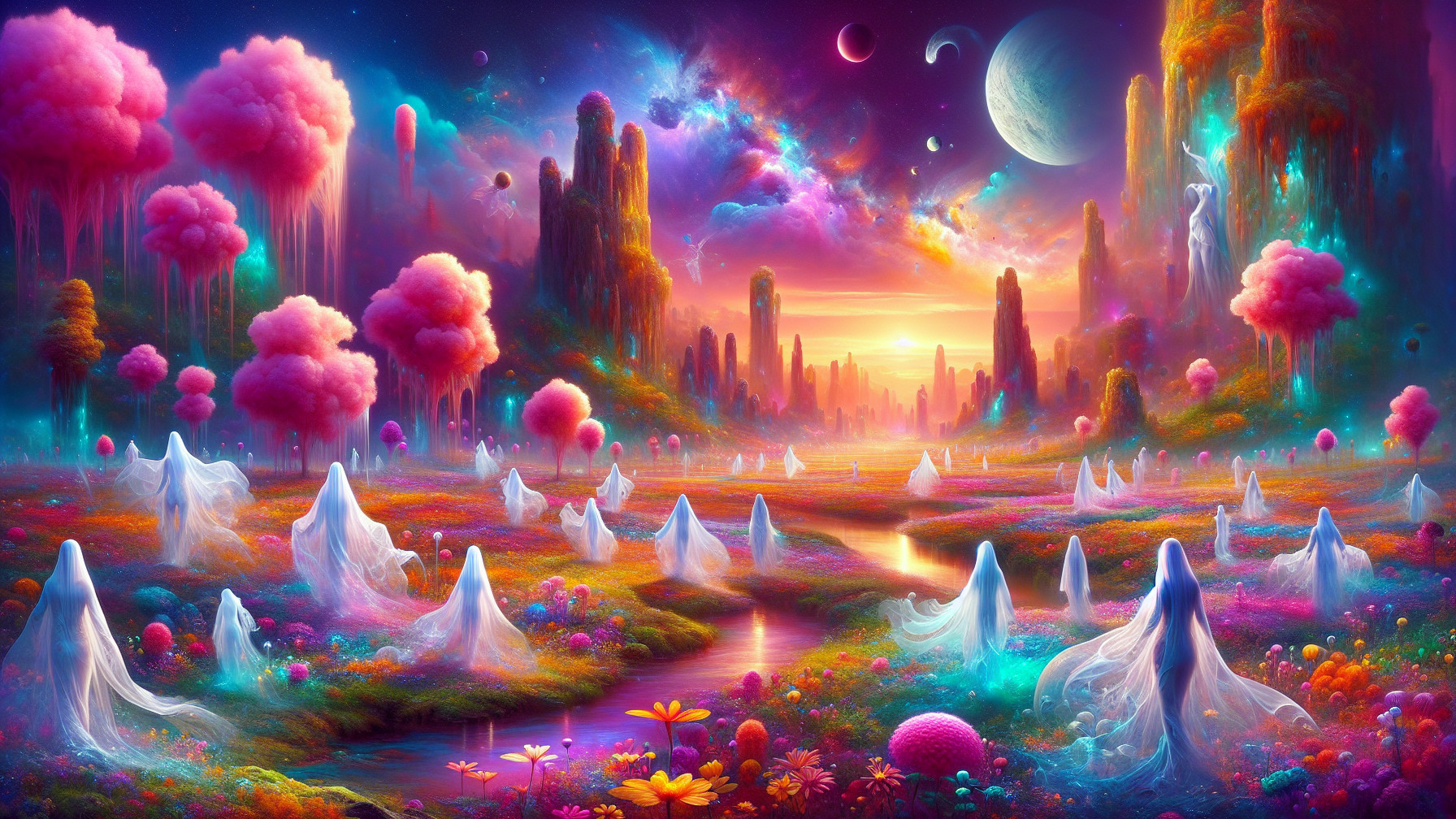 Dreamlike Landscape with Colorful Trees and Ethereal Figures