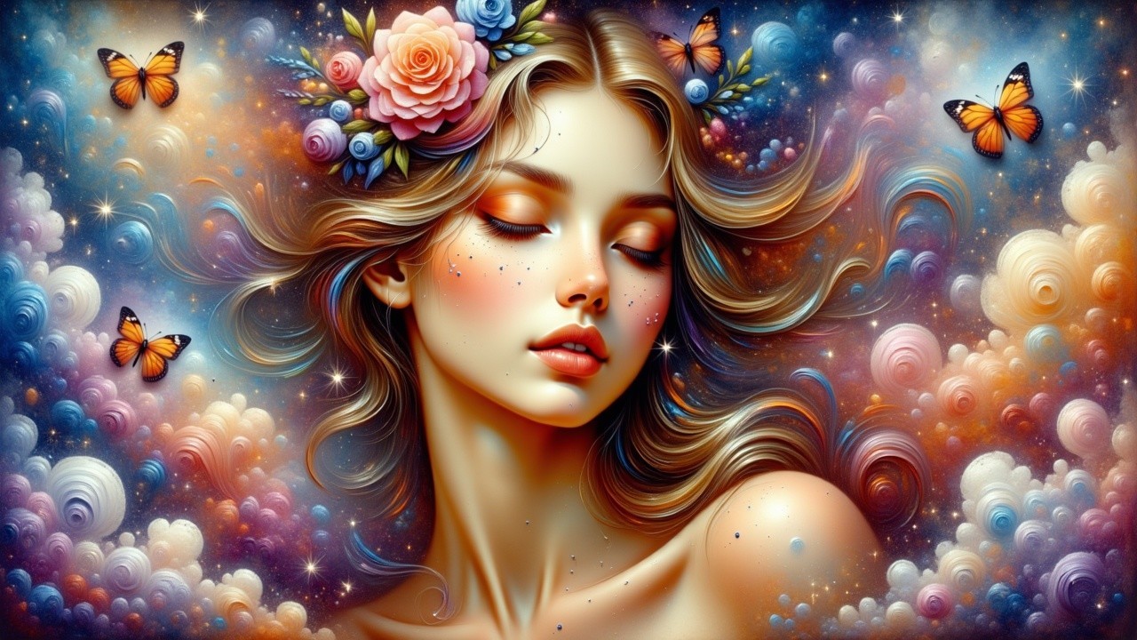 Serene Young Woman Portrait with Colorful Flowers