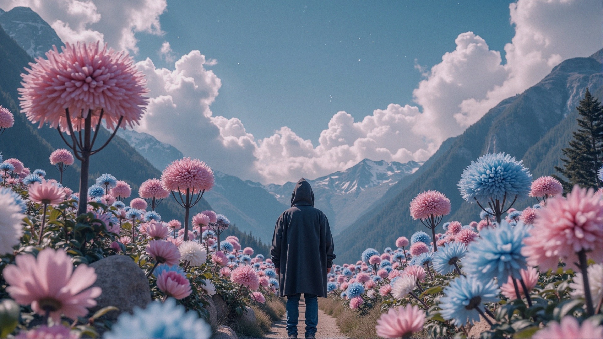 Surreal Landscape with Colorful Flowers and Mountains