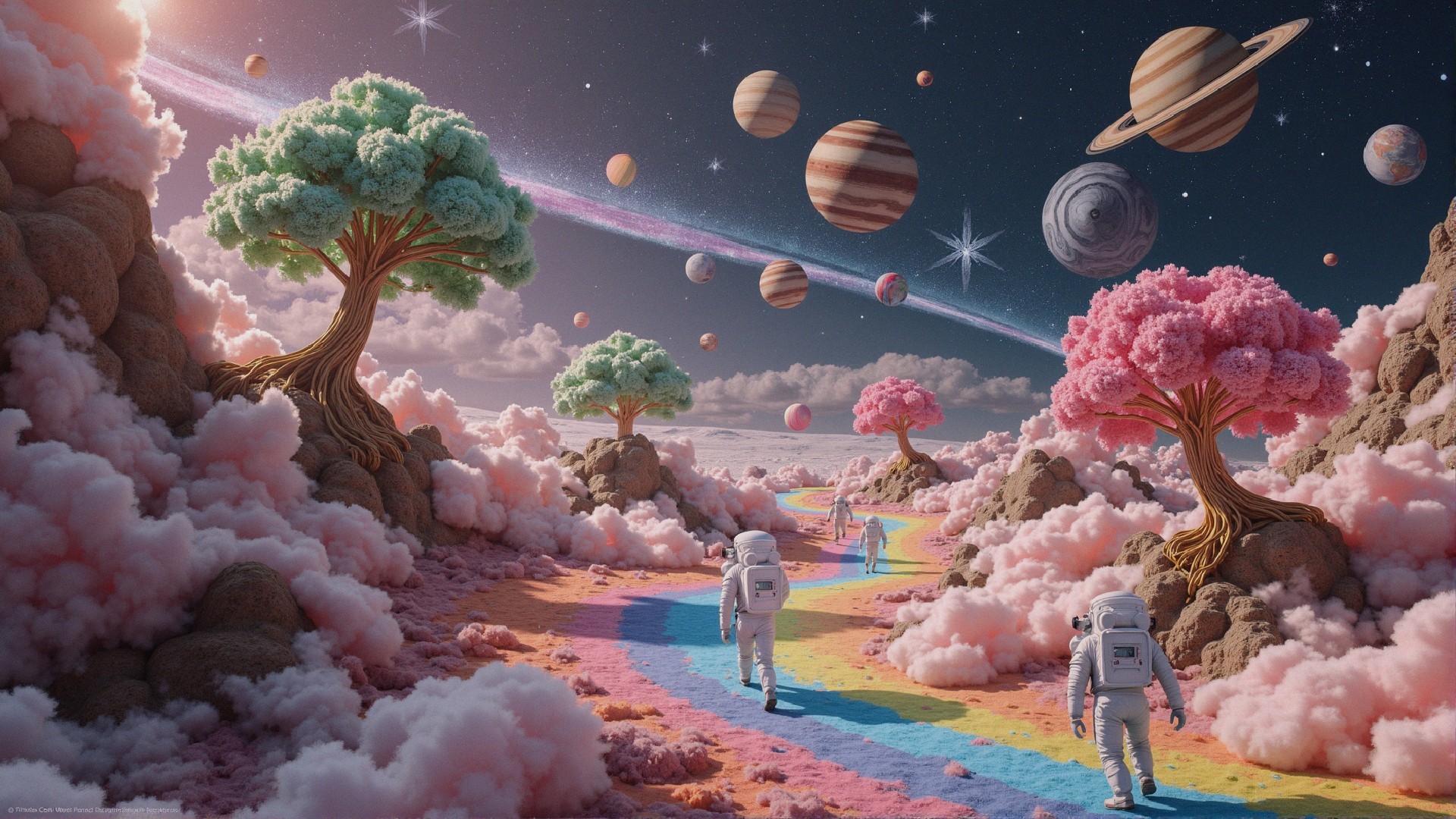 Astronauts on a rainbow path in a surreal landscape
