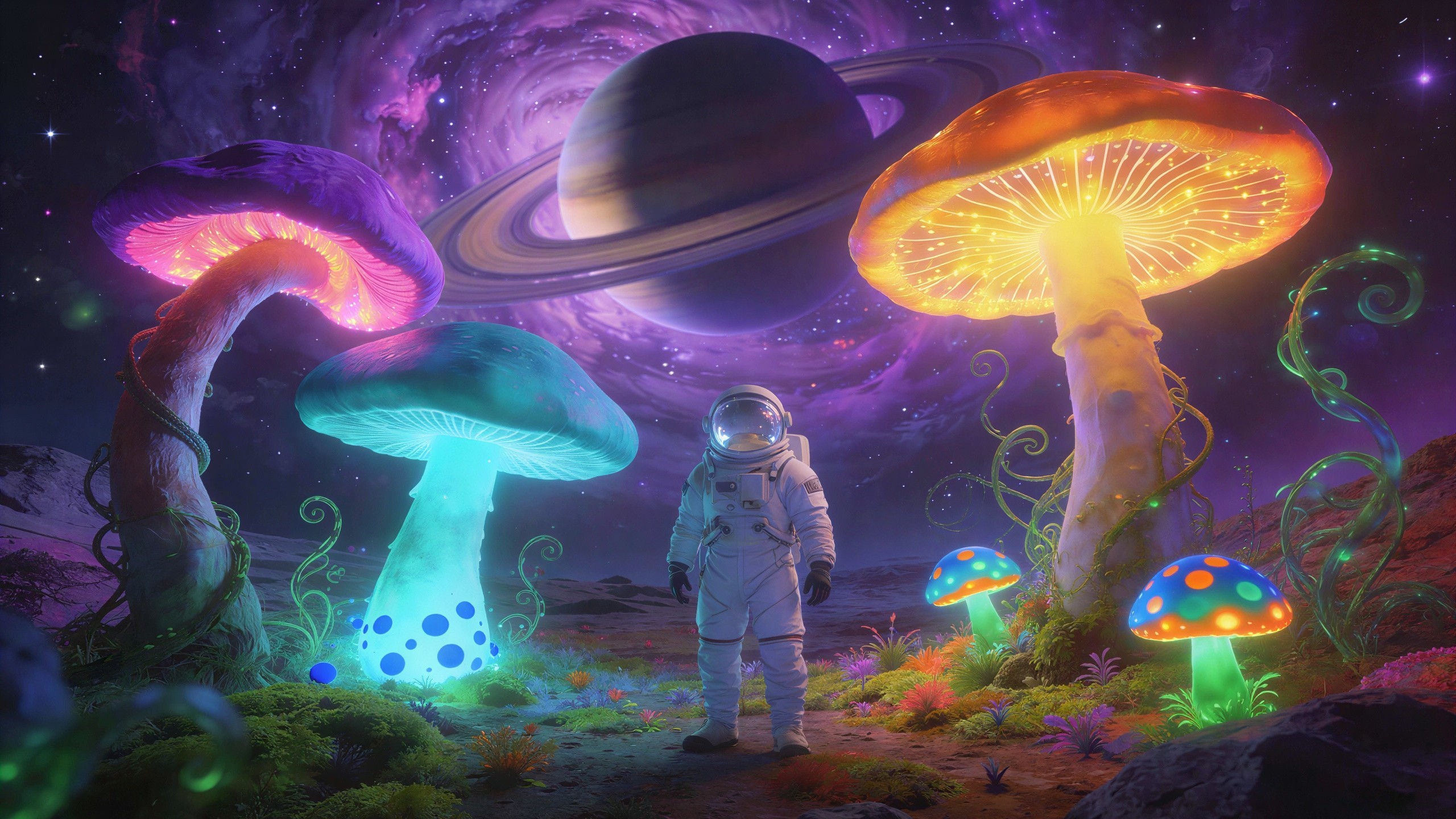 Astronaut on Alien Planet with Glowing Mushrooms and Saturn