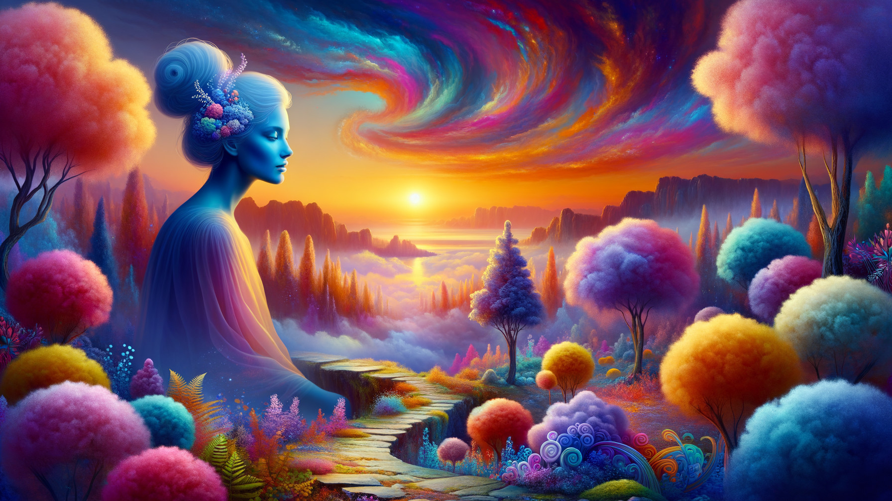 Ethereal Figure in Surreal Vibrant Landscape Scene