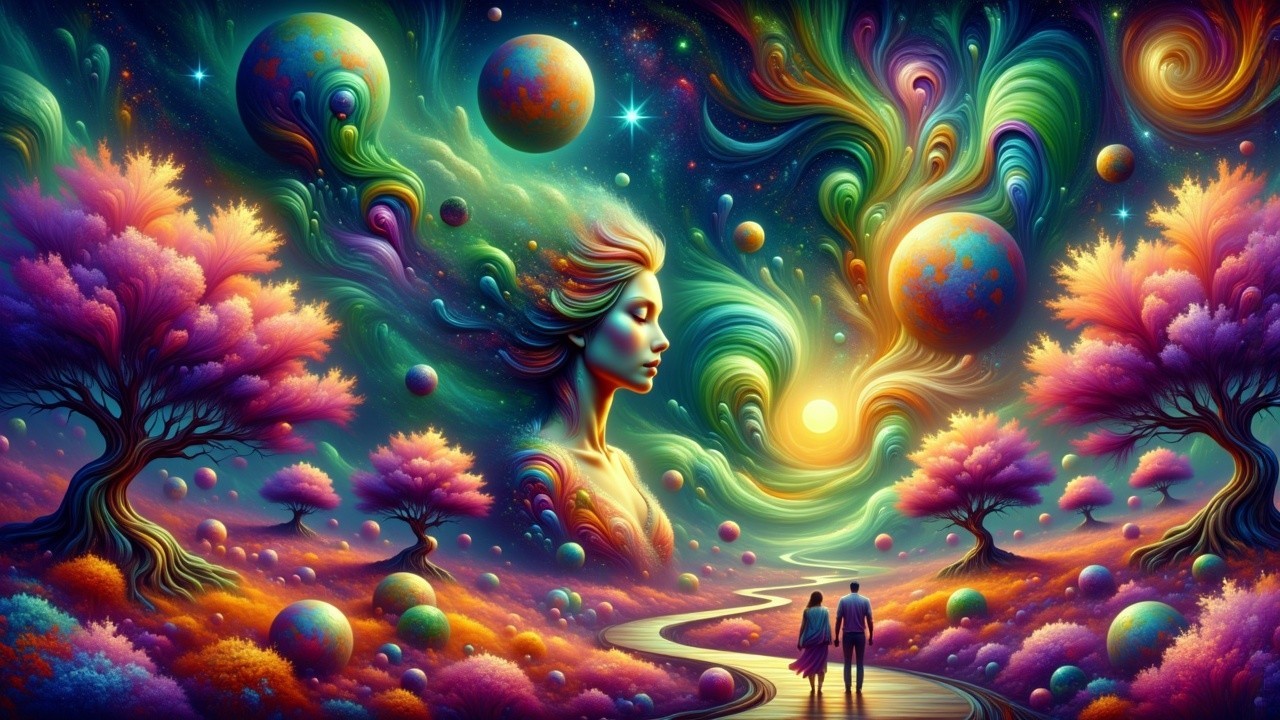 Surreal Landscape with Vibrant Colors and Celestial Elements