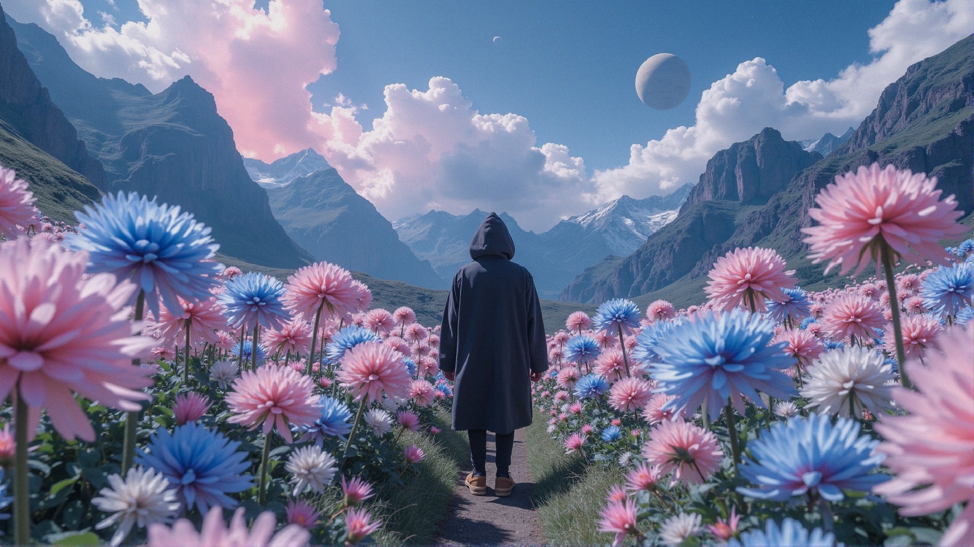 Cloaked Figure in Colorful Flower Field with Mountains