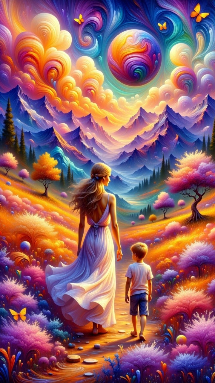 Surreal Landscape with Woman and Boy in White Dress