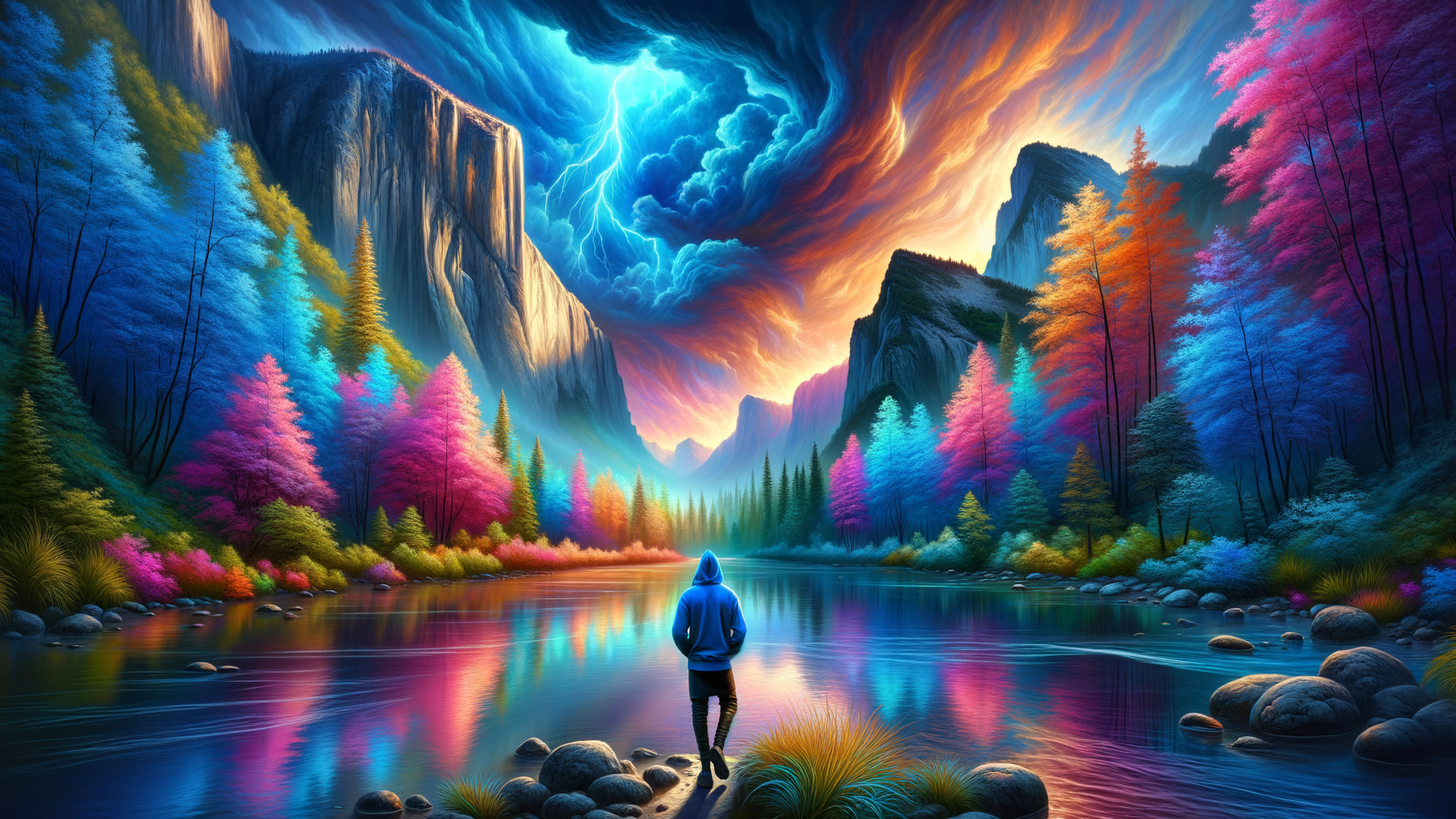 Dramatic Landscape with Mountains, River, and Stormy Sky