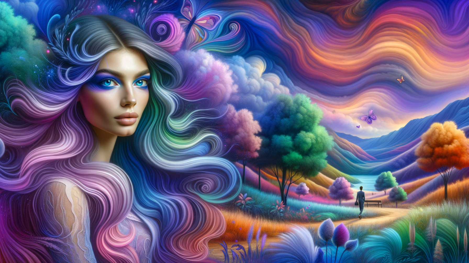 Vibrant Landscape with Multicolored Hair Figure