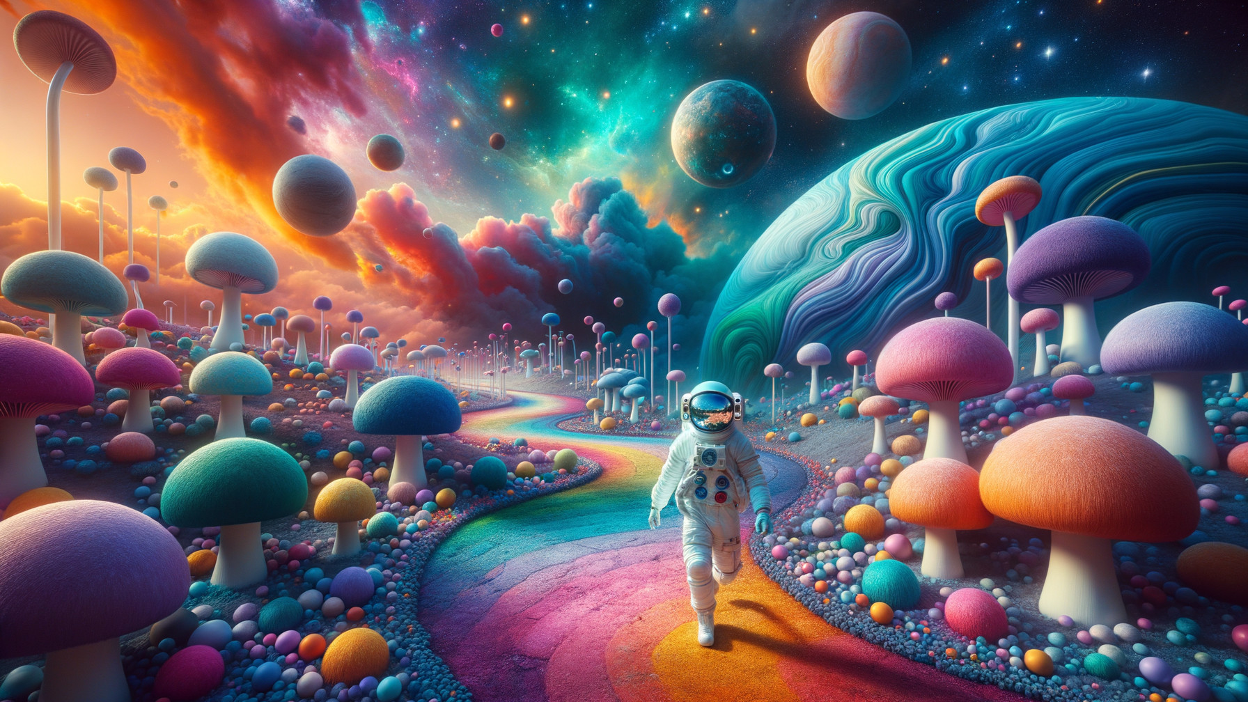 Whimsical Landscape with Oversized Mushrooms and Planets