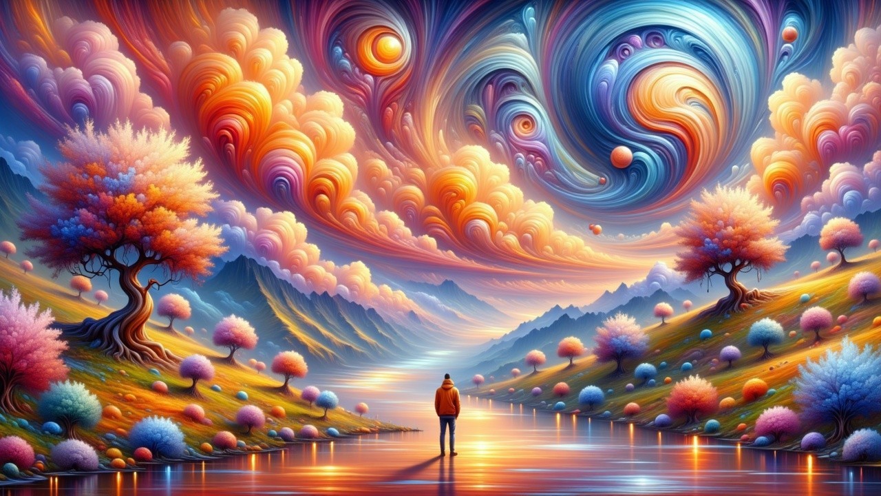 Surreal Landscape with Vibrant Clouds and Tranquil River