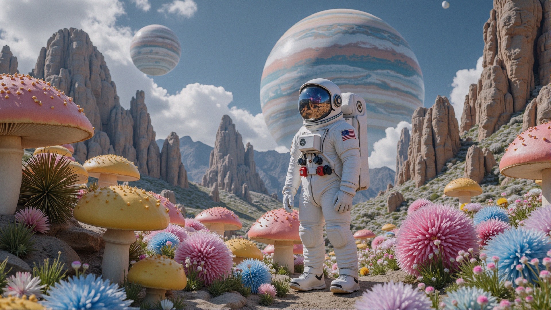 Astronaut in a Colorful Alien Landscape with Mushrooms