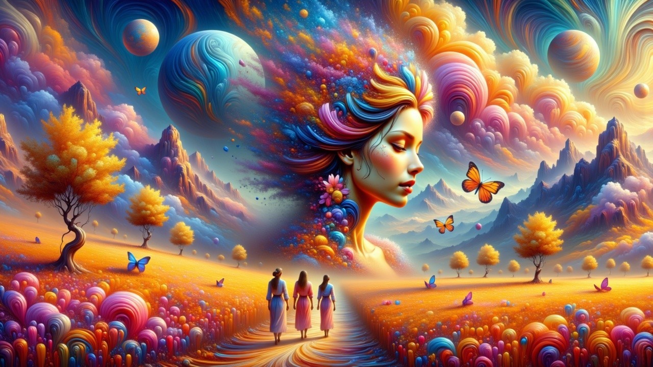 Vibrant Landscape with Serene Woman and Colorful Sky