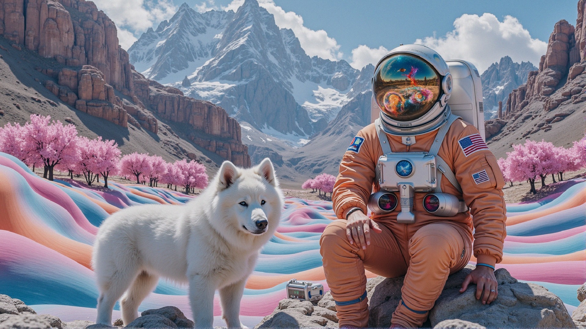 Astronaut and Husky in Surreal Pastel Landscape
