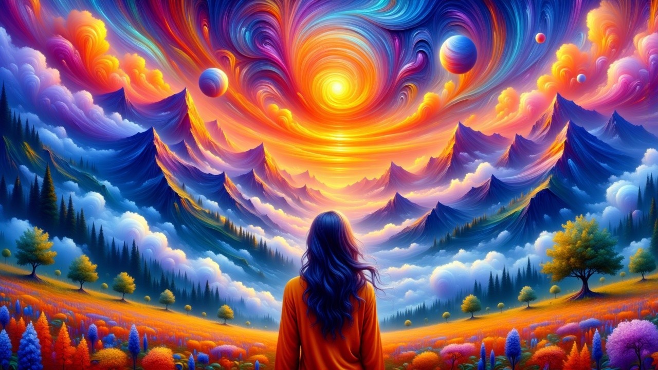 Surreal Landscape with Vivid Colors and Floating Planets