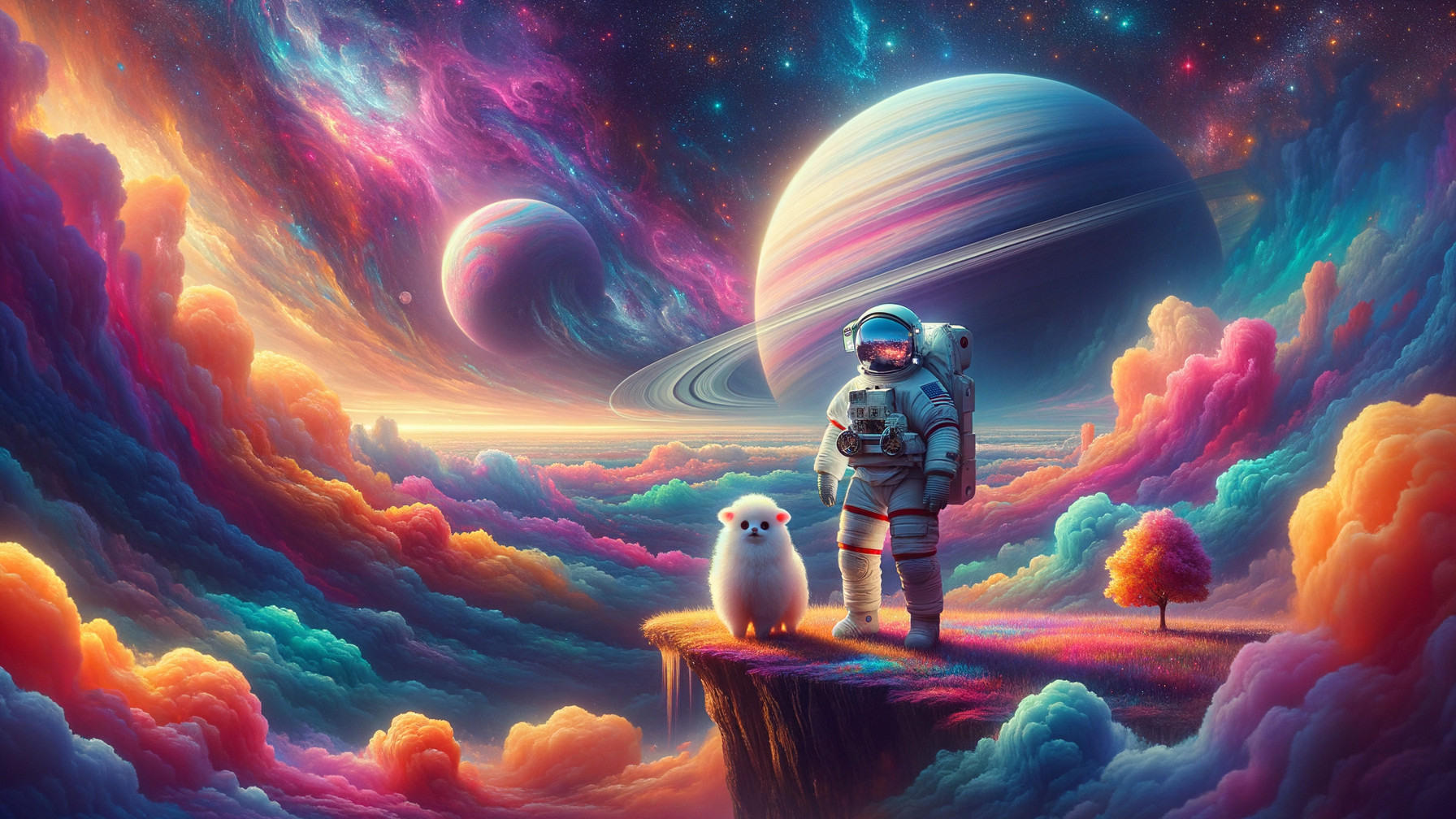 Astronaut on a Colorful Cliff in Cosmic Landscape