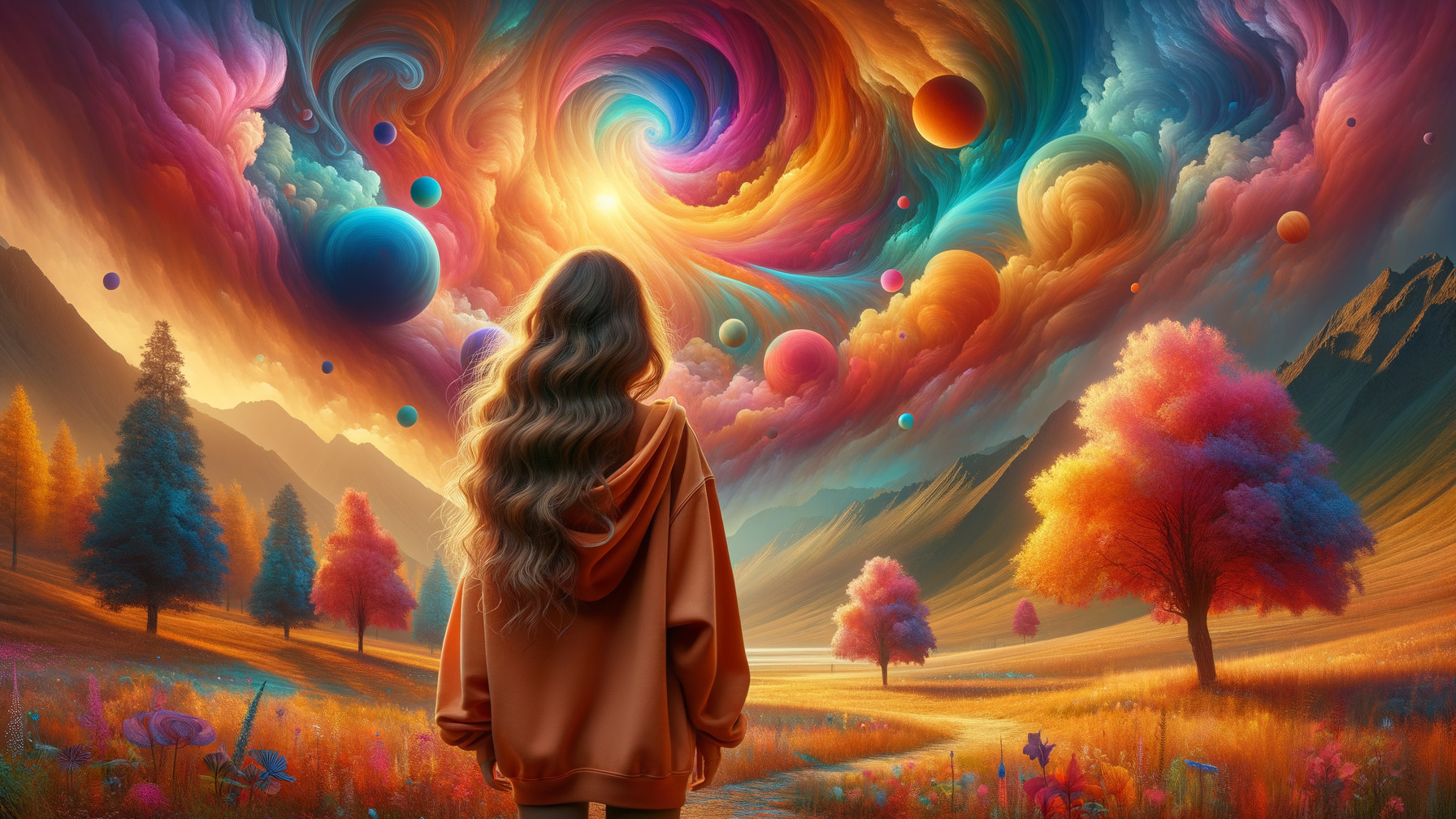 Surreal Landscape with Wavy-Haired Figure and Planets