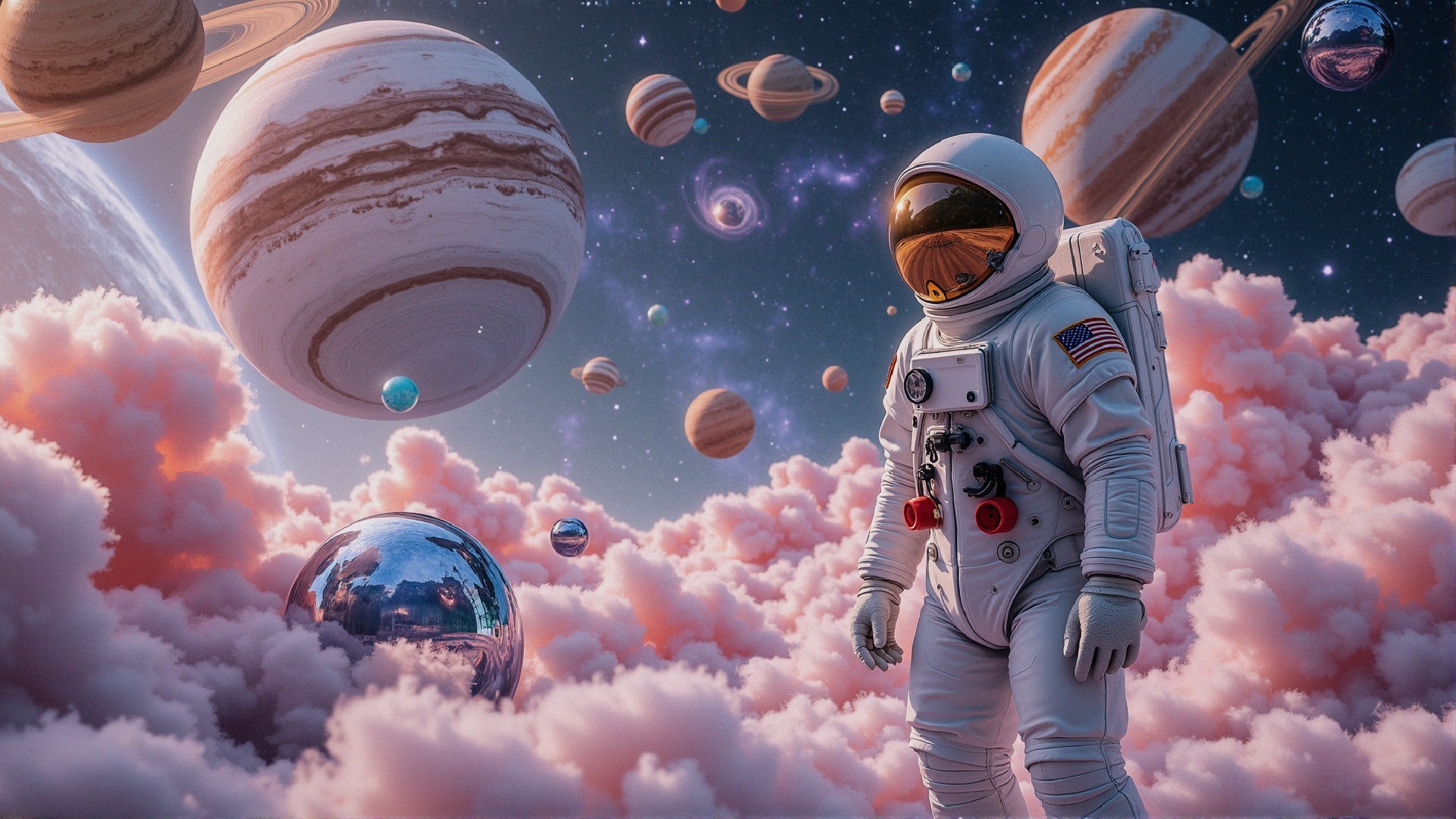 Astronaut in Surreal Cloud-Covered Cosmic Landscape