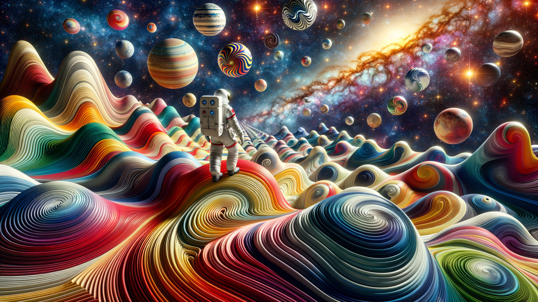 Astronaut on Colorful Cosmic Landscape with Planets