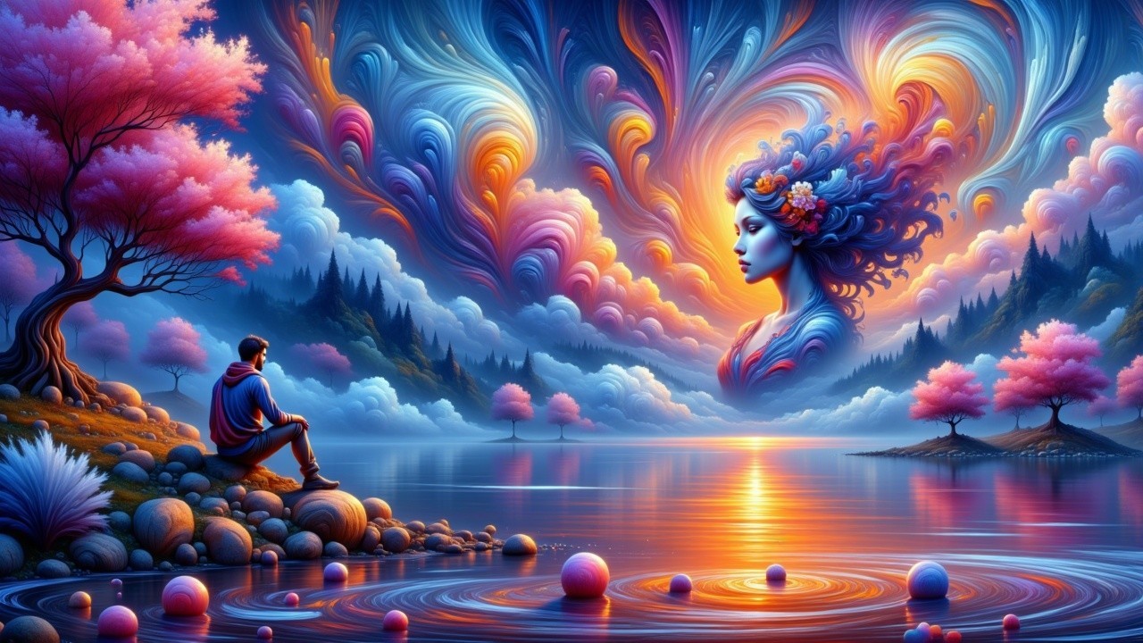 Surreal Landscape with Ethereal Face and Serene Lake