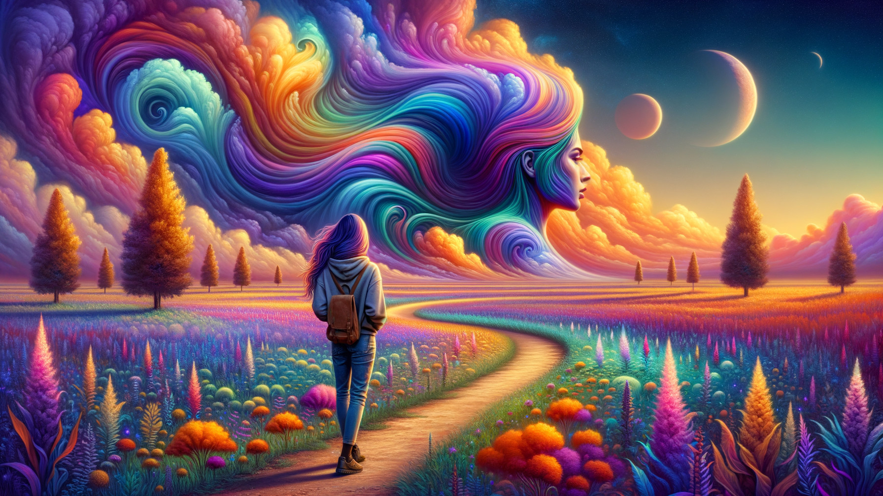 Vibrant landscape with a figure on a winding path