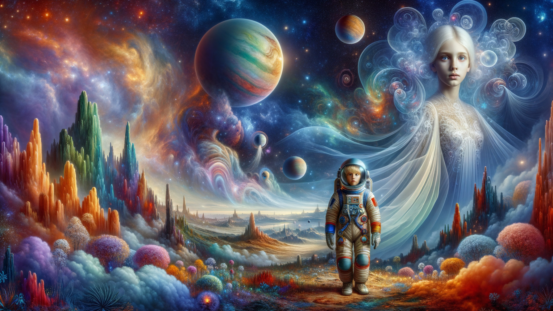 Surreal Cosmic Landscape with Astronaut and Celestial Figure