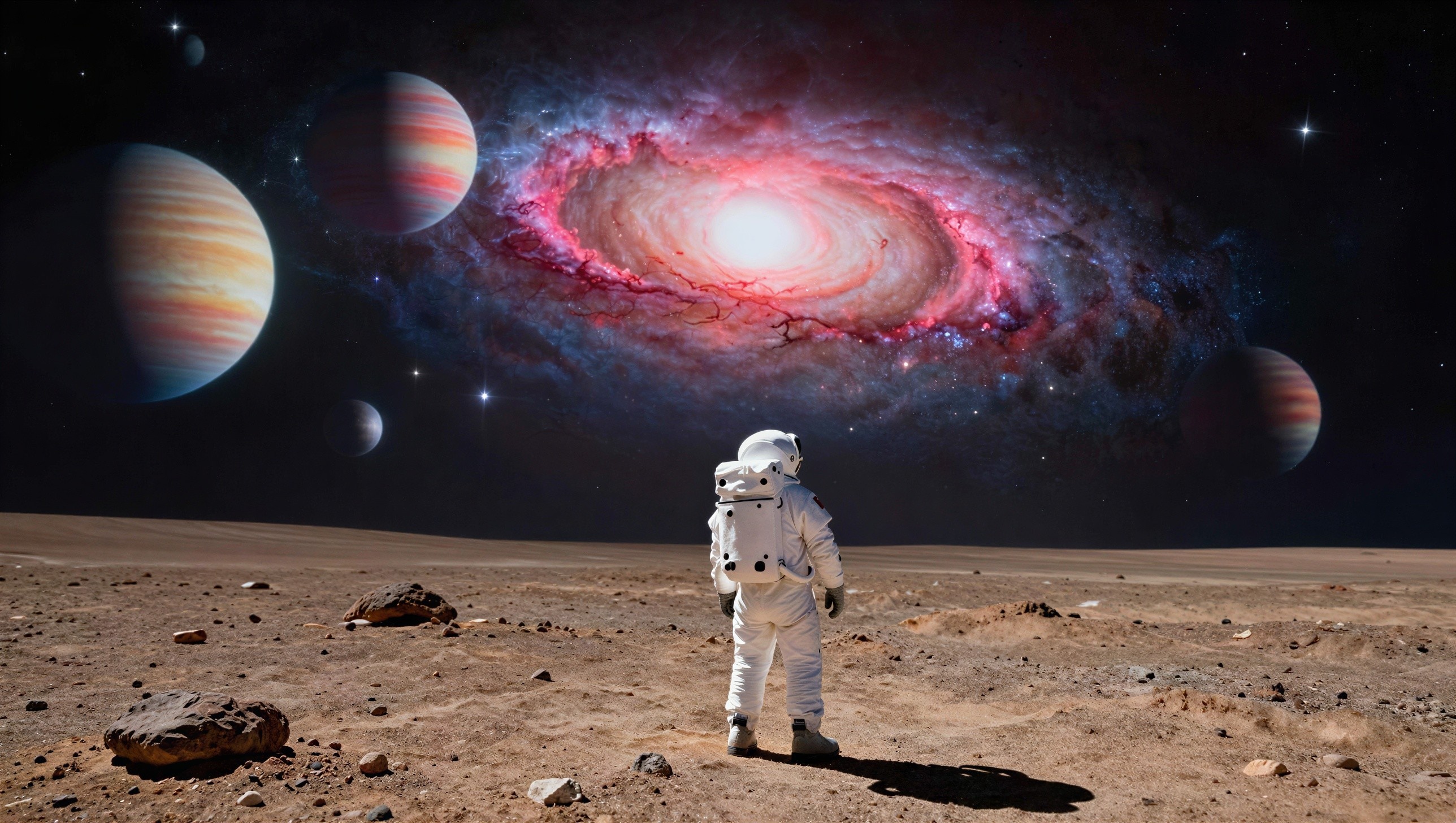 Astronaut on Rocky Alien Planet with Cosmic Background