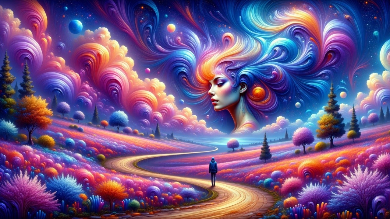 Surreal Landscape with Colorful Flowers and Clouds