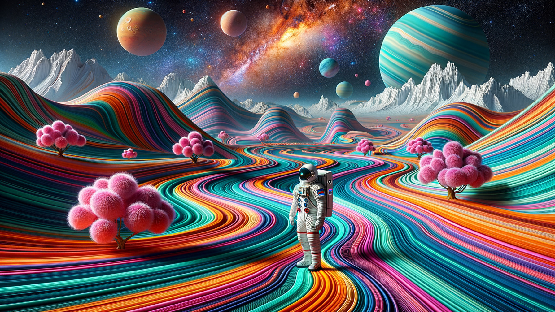 Astronaut in a Surreal, Colorful Cosmic Landscape