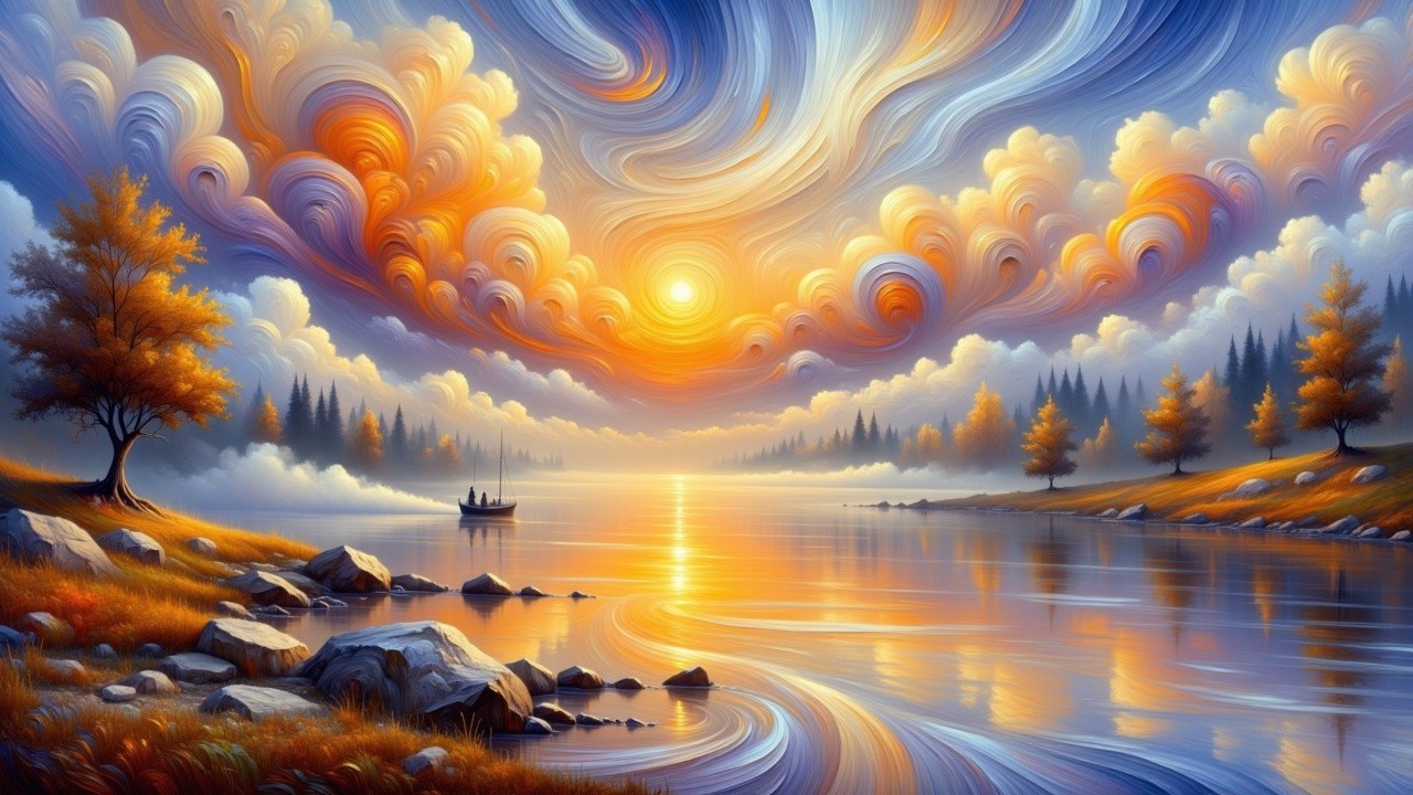 Tranquil River at Sunset with Lush Trees and Clouds