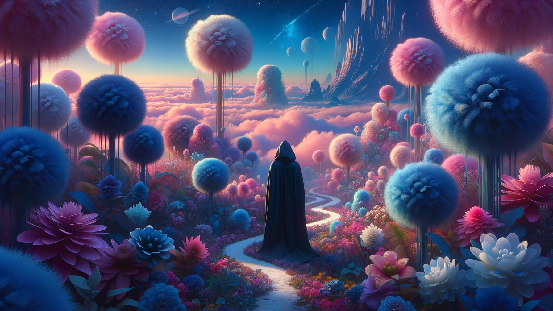 Cloaked Figure in a Dreamlike Fantastical Landscape