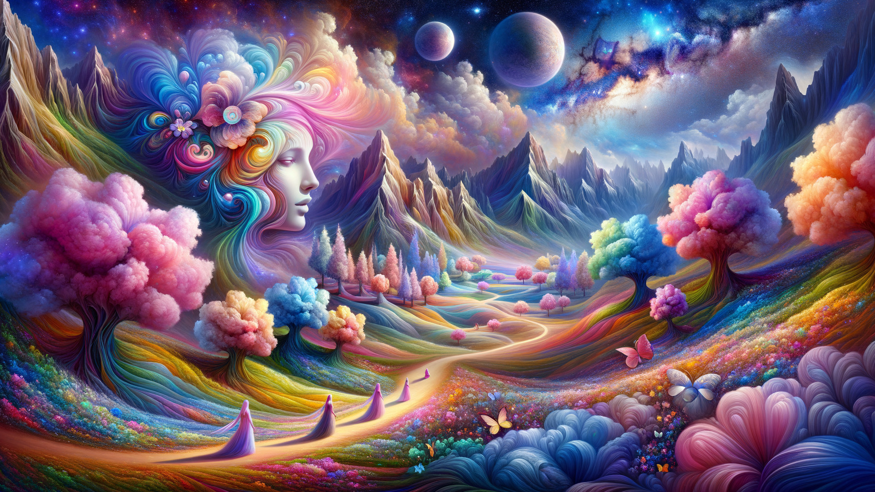 Vibrant Dreamlike Landscape with Cosmic Sky Elements