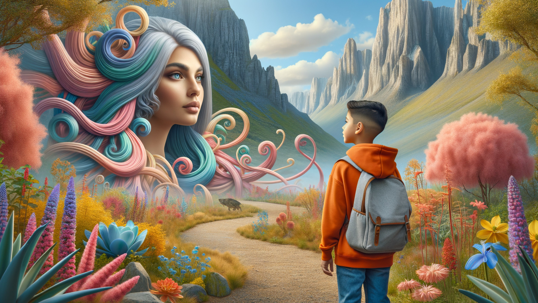 Vibrant Landscape with Ethereal Woman and Young Boy