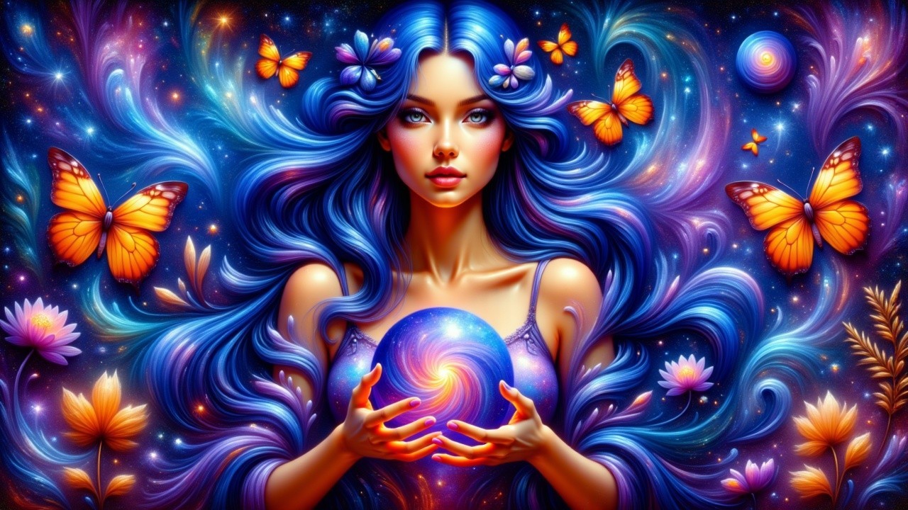 Woman with Blue Hair and Glowing Orb in Cosmic Scene